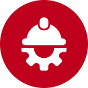 Icon of helmet over a gear shape.